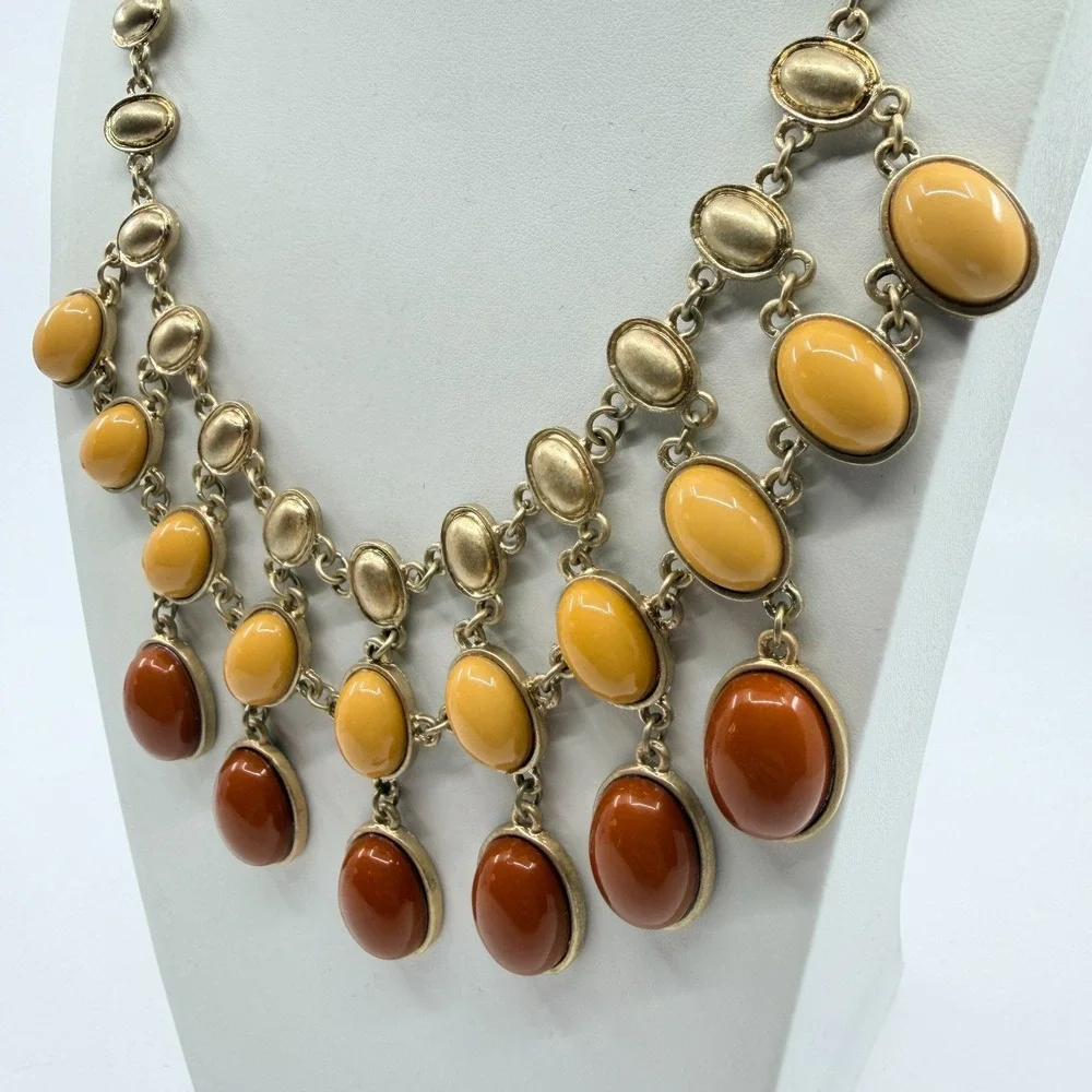 Vintage Amber & Yellow Cabochon Gold Tone Layered Bib Necklace